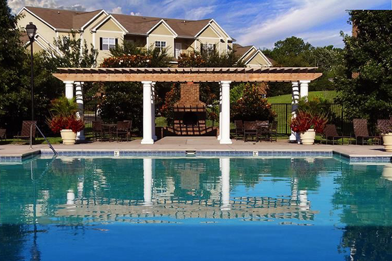 A large swimming pool with a gazebo in the background. Lovell Crossing, Knoxville, TN.