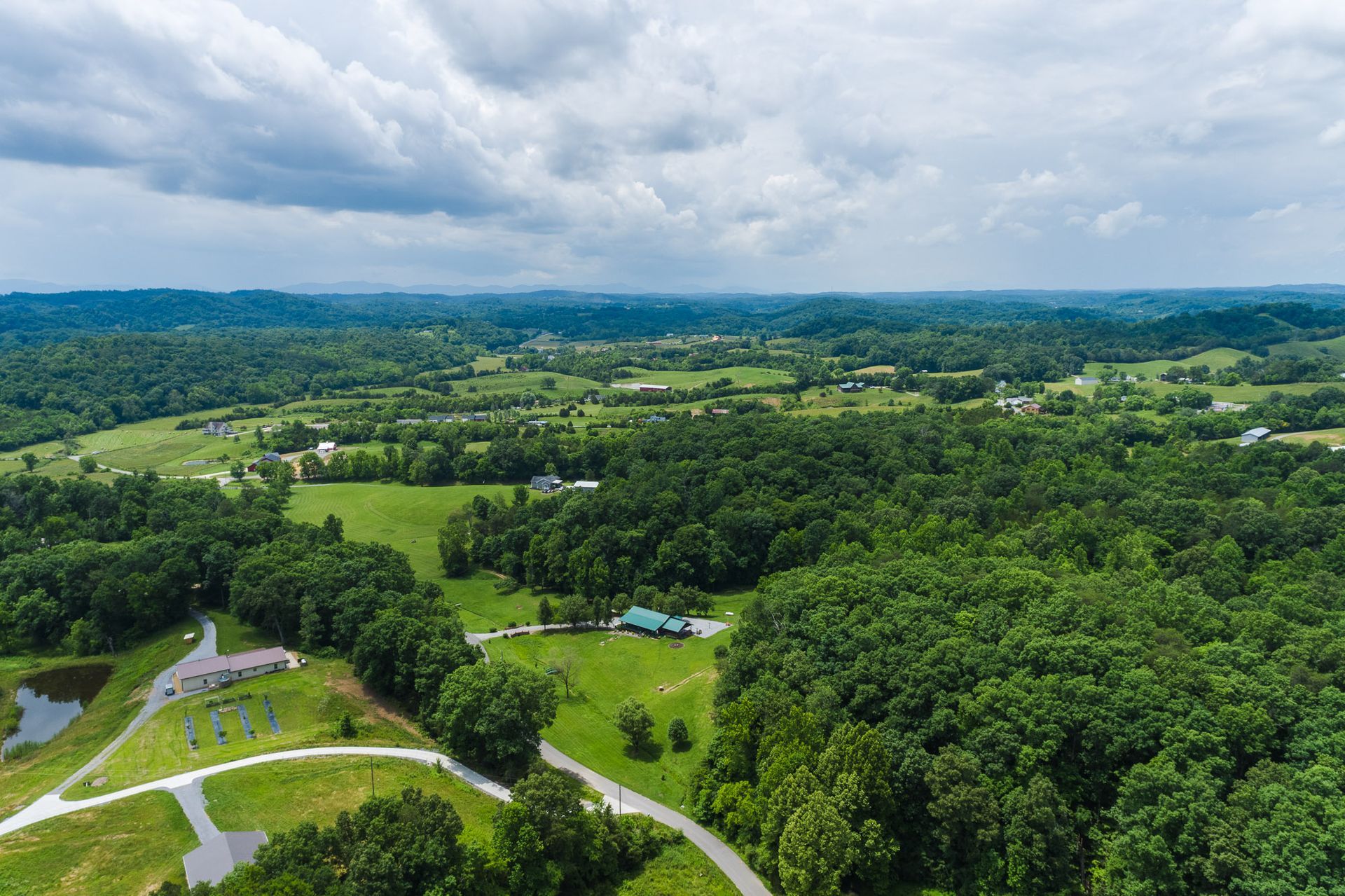 An aerial view of a lush green forest with a house in the distance.