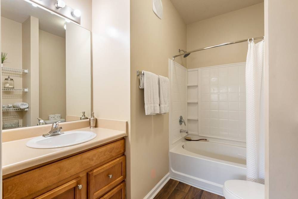 Bathroom with a sink , toilet , bathtub and mirror.