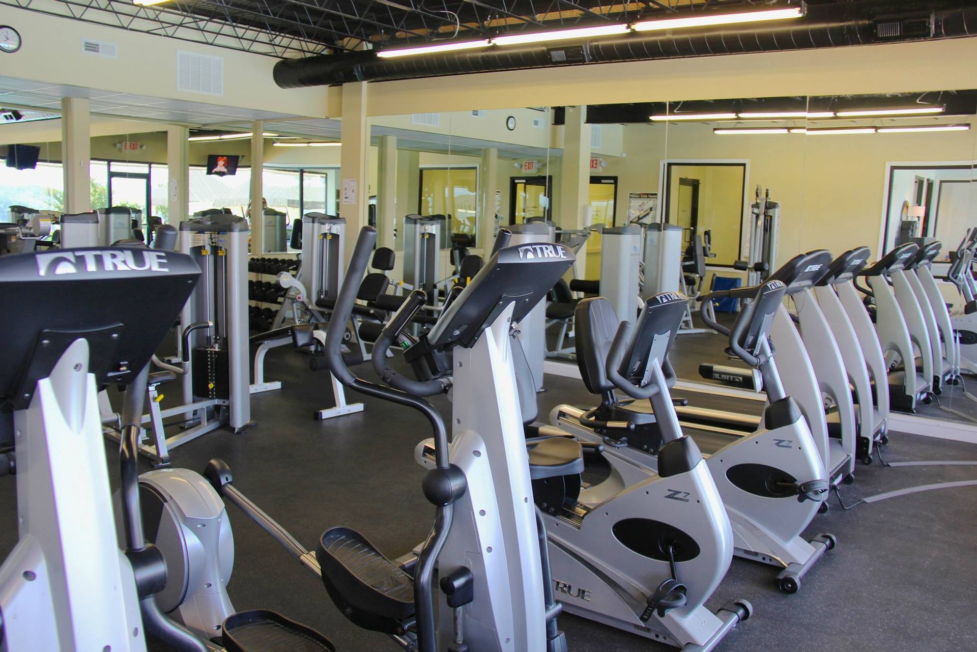 A row of treadmills and ellipticals in a gym