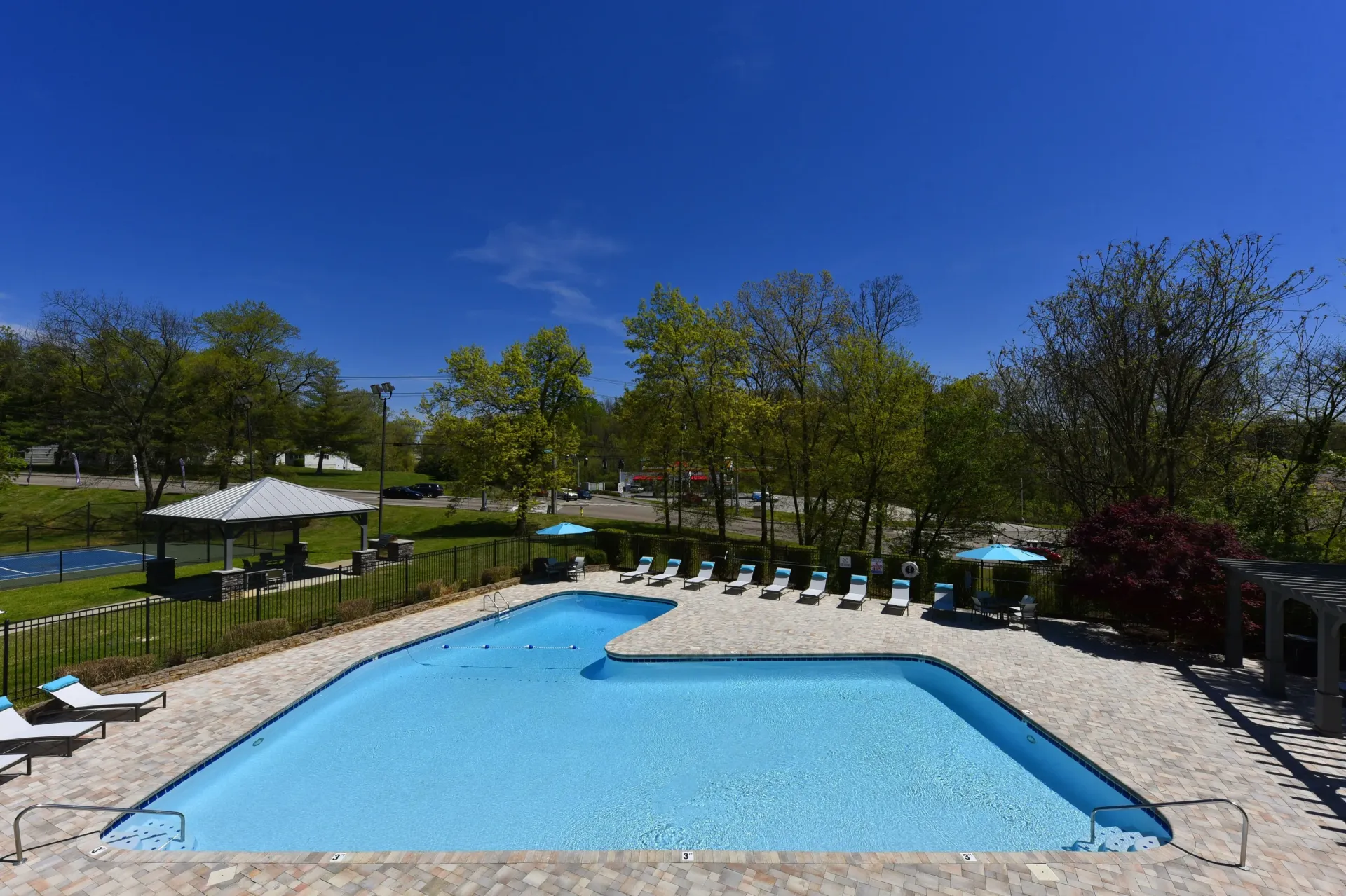 A large swimming pool surrounded by chairs and trees on a sunny day in West Knoxville