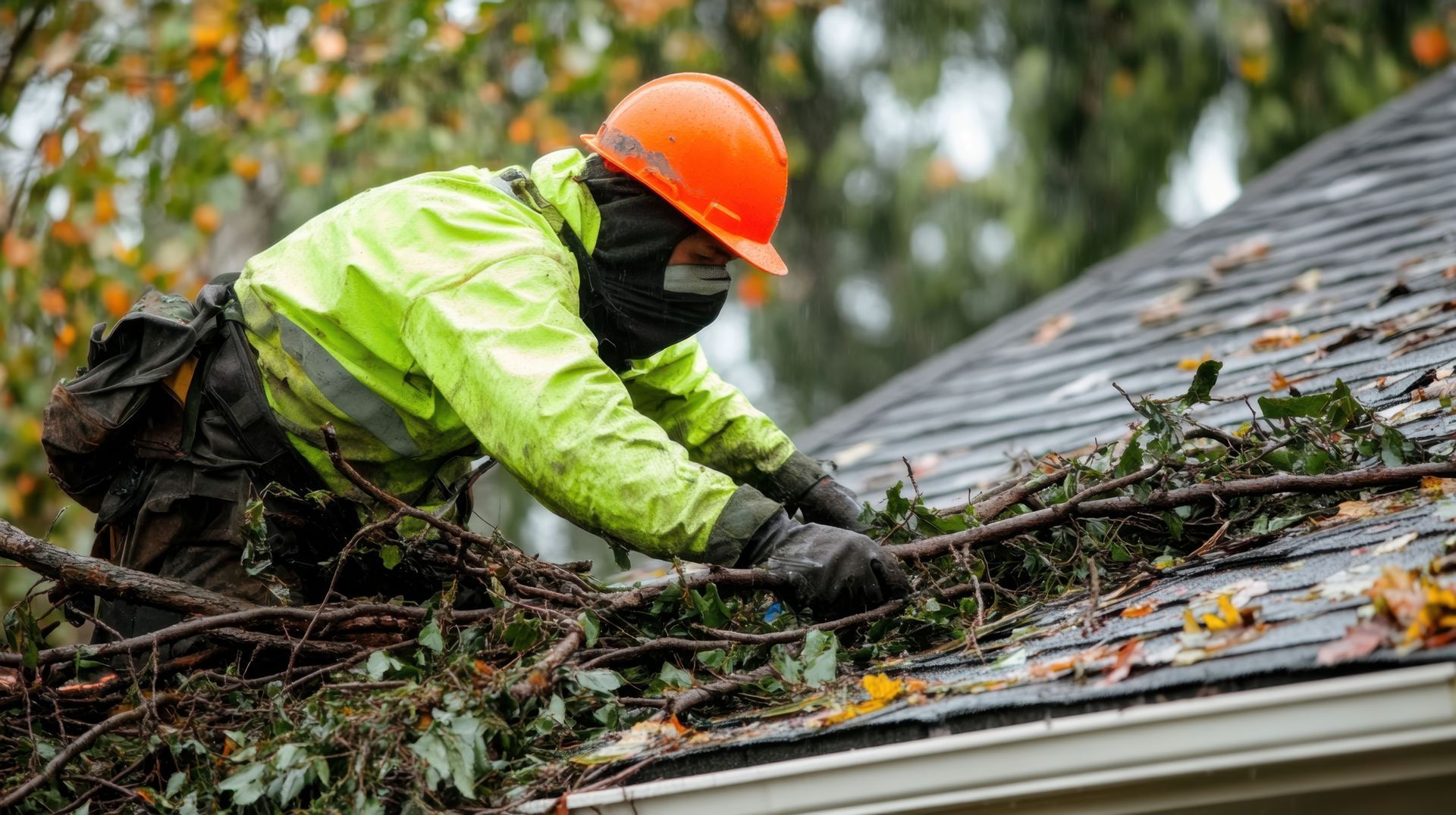 A roofer in a sturdy hat and hi-vis jacket clearing branches off a shingle roof. A roofer in a sturdy hat and hi-vis jacket clearing branches off a shingle roof.