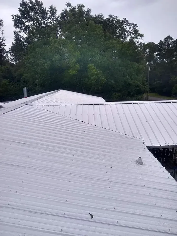 A white roof with trees in the background on a cloudy day.