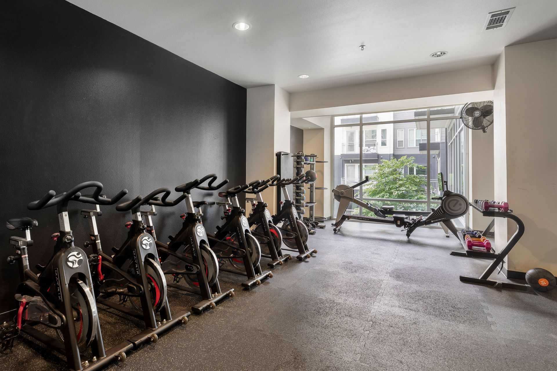 A row of exercise bikes are parked in a gym.