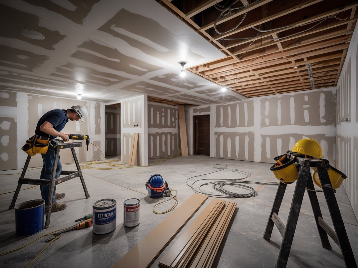 Construction worker cutting wood in a room under renovation with drywall and tools.