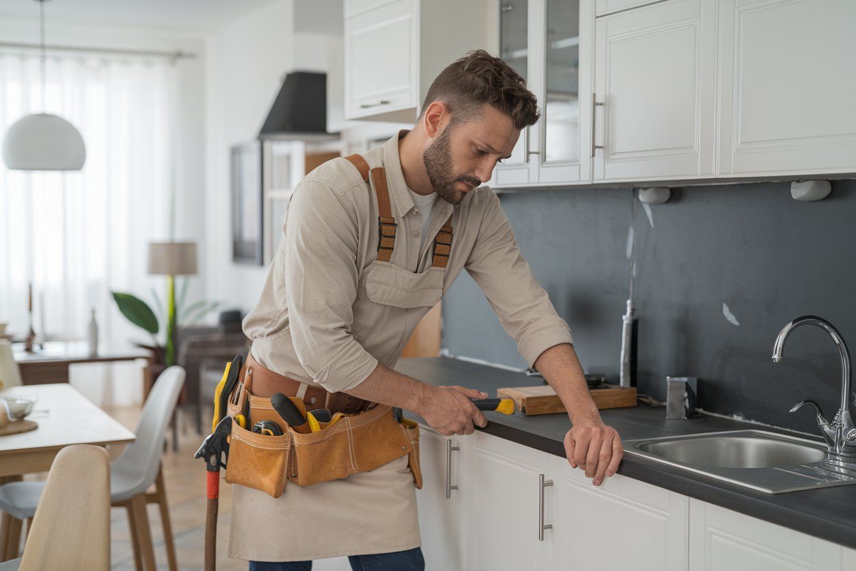 A man is fixing a sink in a kitchen.