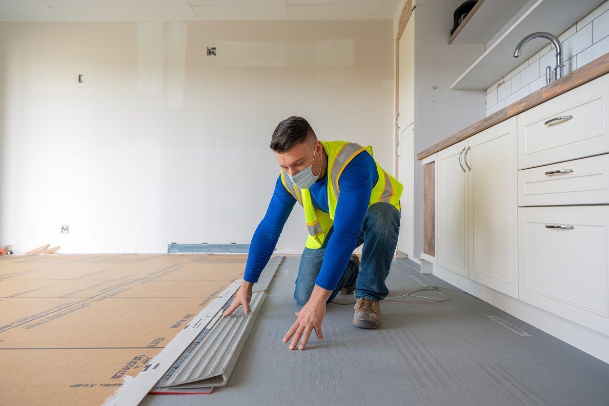 A man wearing a mask is kneeling on the floor in a kitchen.