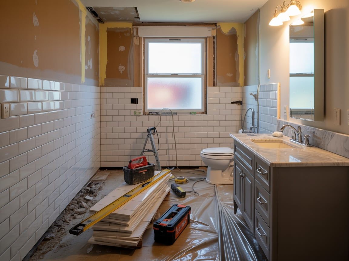 Bathroom under renovation, with exposed walls, new tile, and a vanity.
