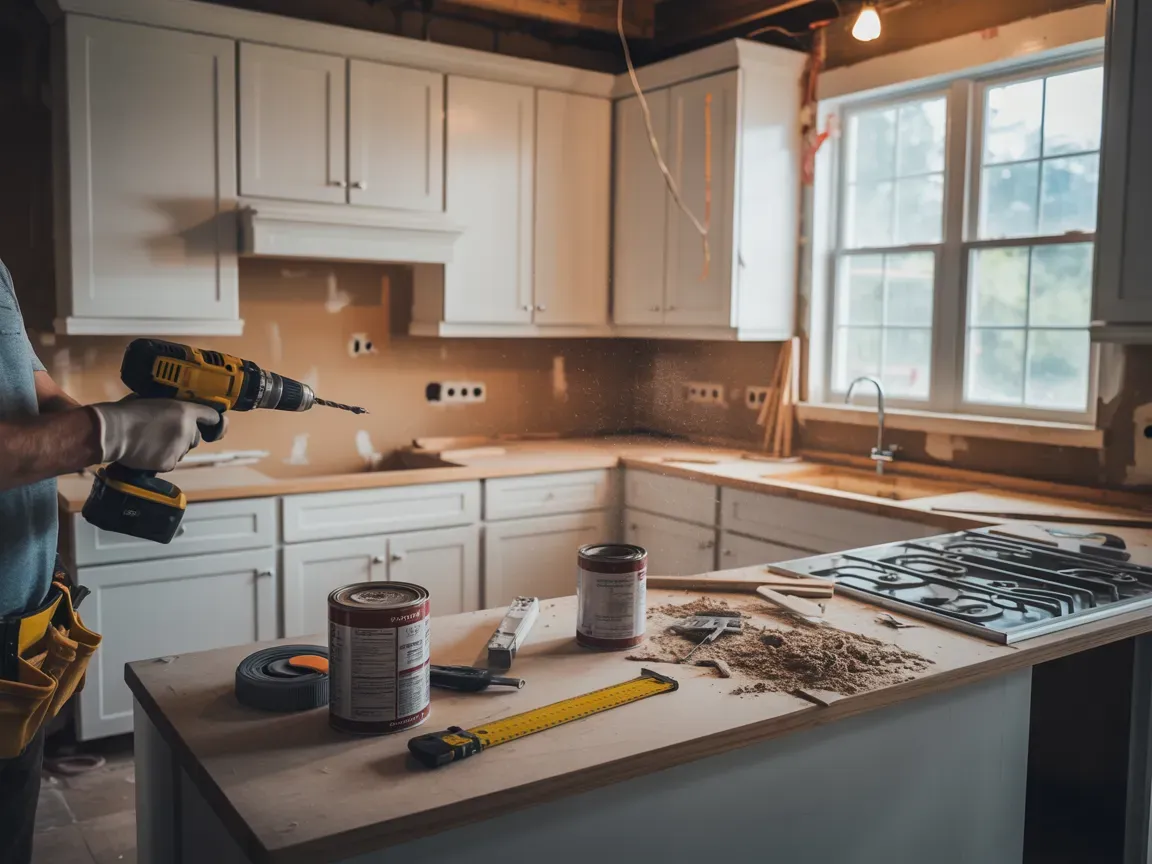 Kitchen renovation in progress, cabinets installed, worker with drill.