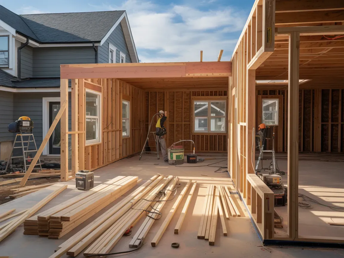 Construction of a wooden house extension; two workers inside. Lumber and tools on the concrete floor. Blue sky.