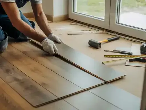 Person installing laminate flooring near a window, with tools visible.