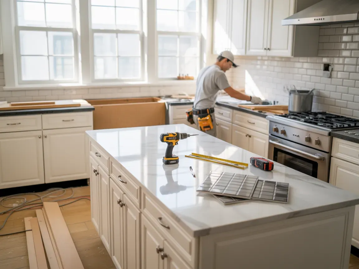 Man installing kitchen cabinets; white cabinets, island with marble countertop, windows, and stainless steel appliances.