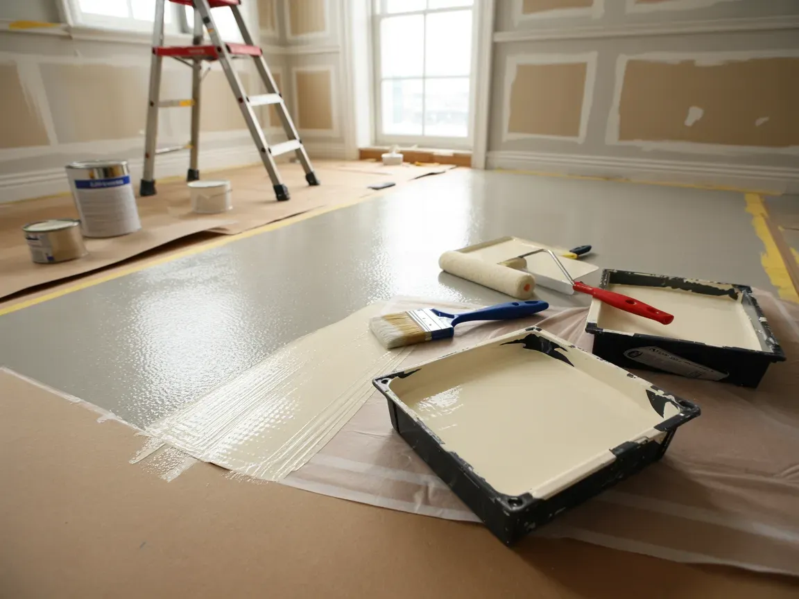 Room interior being painted; gray floor, two paint trays, brush, roller, ladder, masking tape.