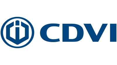 Logo CDVI : un symbole hexagonal stylisé bleu avec un « i » blanc à l’intérieur d’un cercle, à gauche du texte bleu « CDVI ».