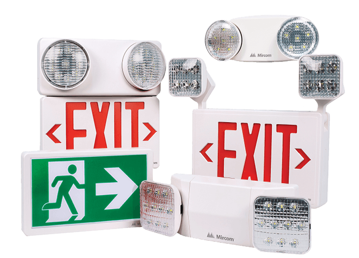 Panneaux et feux de sortie de secours blancs avec inscription « SORTIE » en rouge et symbole de sortie vert.