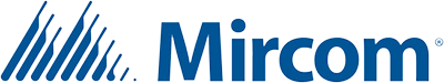 Logo Mircom : Graphique abstrait bleu à côté du mot « Mircom » en caractères bleus, avec un petit symbole « ® ».