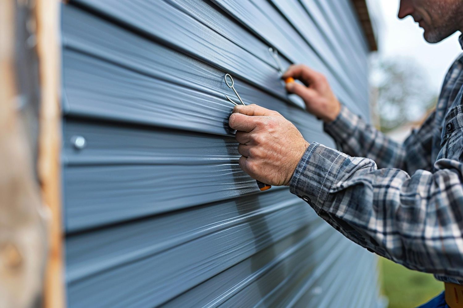 A man is installing siding on the side of a house.