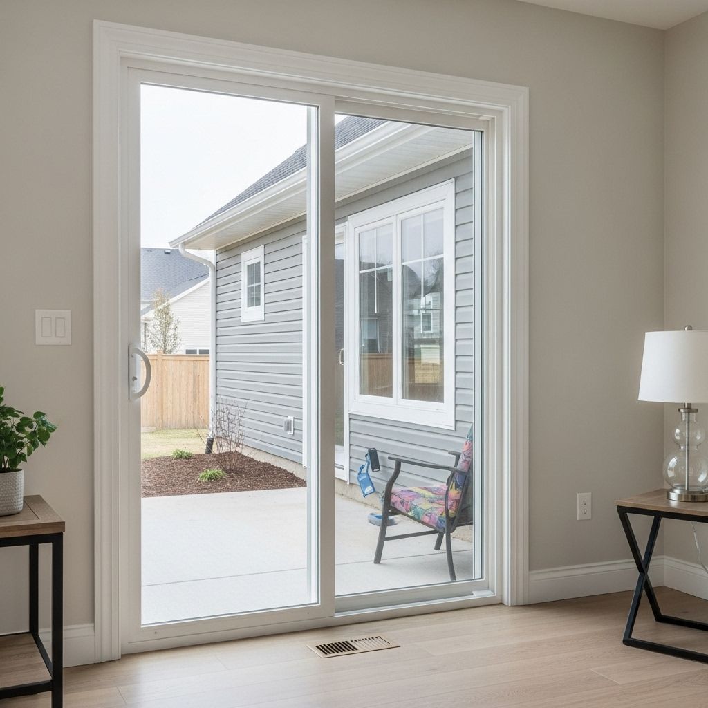 Sliding glass door, open, reveals patio and exterior of a gray house. Interior with light-colored walls and wood floor.