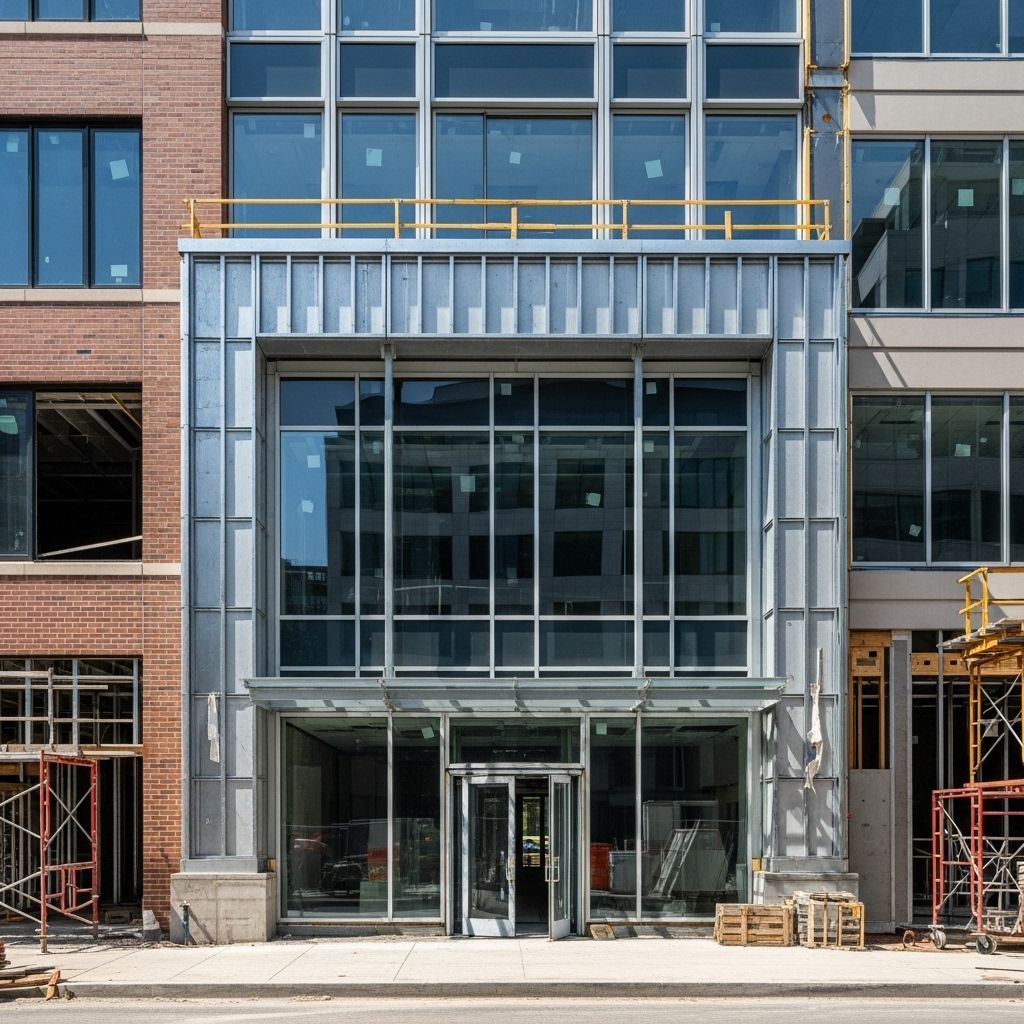 Exterior of a modern building under construction; large glass windows, silver metal framework, brick facade on either side.