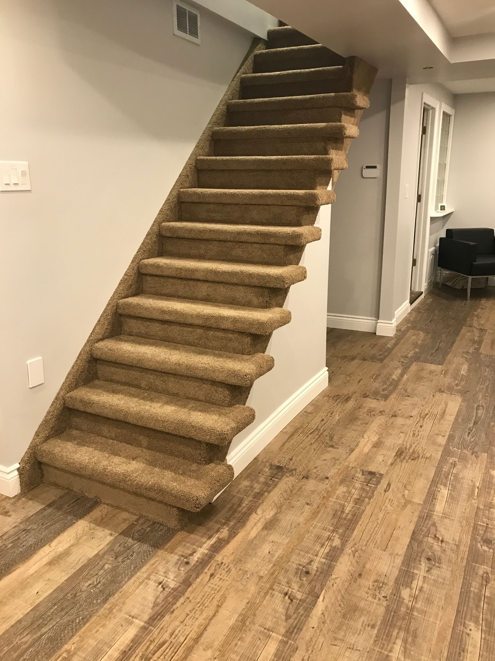 a staircase with carpeted steps and wooden floors in a basement .