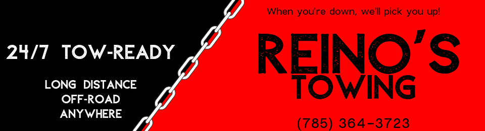 Black and red logo for Reino's Towing. Text: