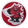 Red devil mascot skating on ice, holding a hockey stick on a red circular logo
