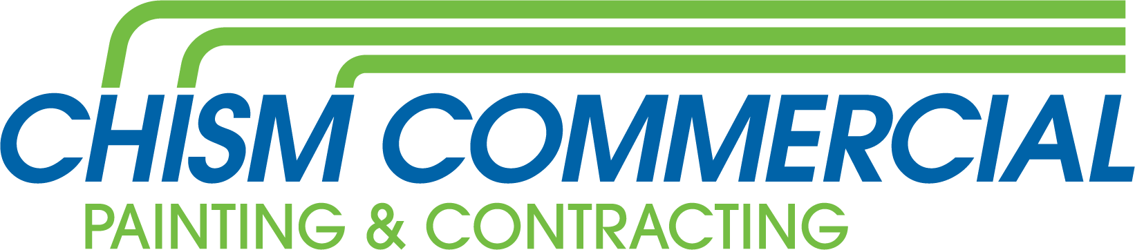 Logo for Chism Commercial Painting & Contracting, blue text, green arched lines.