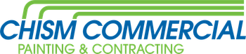 Logo for Chism Commercial Painting & Contracting, blue text, green arched lines.