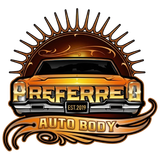 Logo for Preferred Auto Body, a classic car illustration with