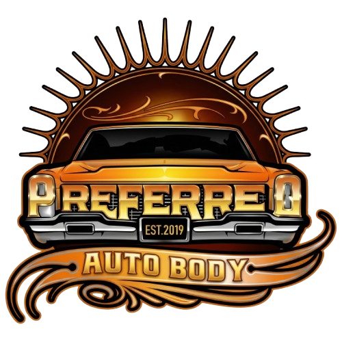 Logo for Preferred Auto Body, a classic car illustration with