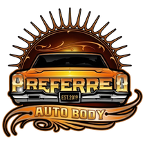 Logo for Preferred Auto Body, a classic car illustration with
