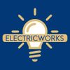 Electricworks logo: Gold lightbulb with radiating lines and text "ELECTRICWORKS" on a navy blue background.