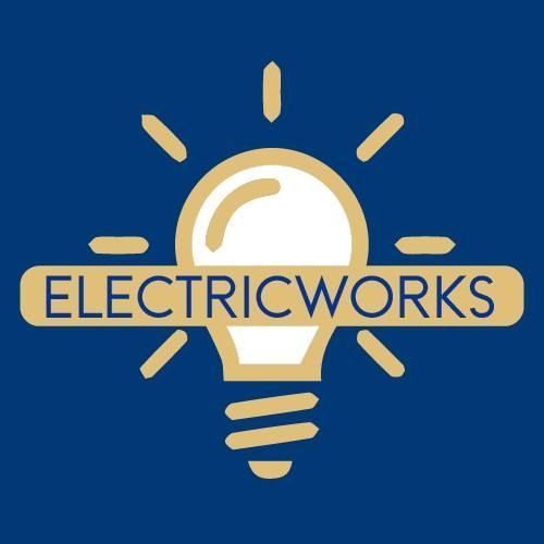 Electricworks logo: Gold lightbulb with radiating lines and text "ELECTRICWORKS" on a navy blue background.