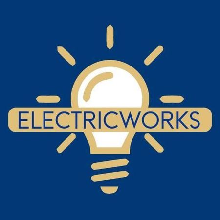 Electricworks logo: Gold lightbulb with radiating lines and text "ELECTRICWORKS" on a navy blue background.
