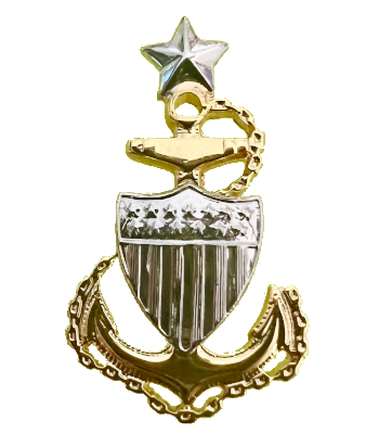 Gold and silver Coast Guard officer insignia pin with anchor, shield, and star.