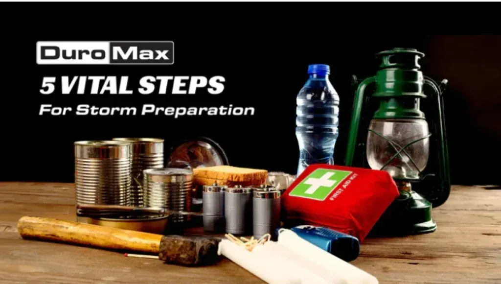 Essentials for storm preparation: canned food, water, first aid, lantern, batteries, and candles.