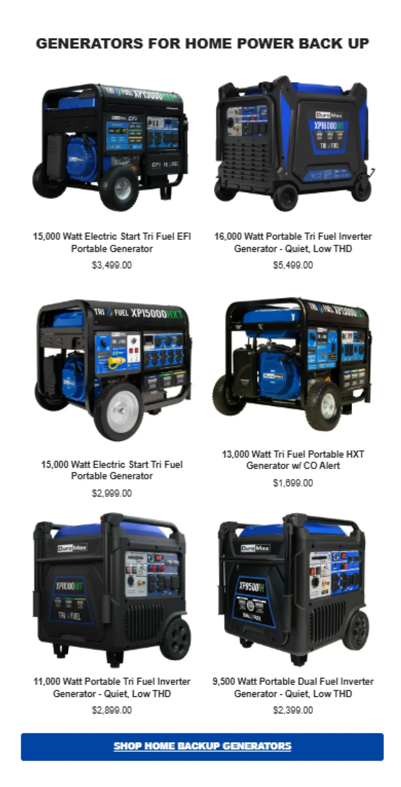Generators for home power back up, in blue and black with wheels.