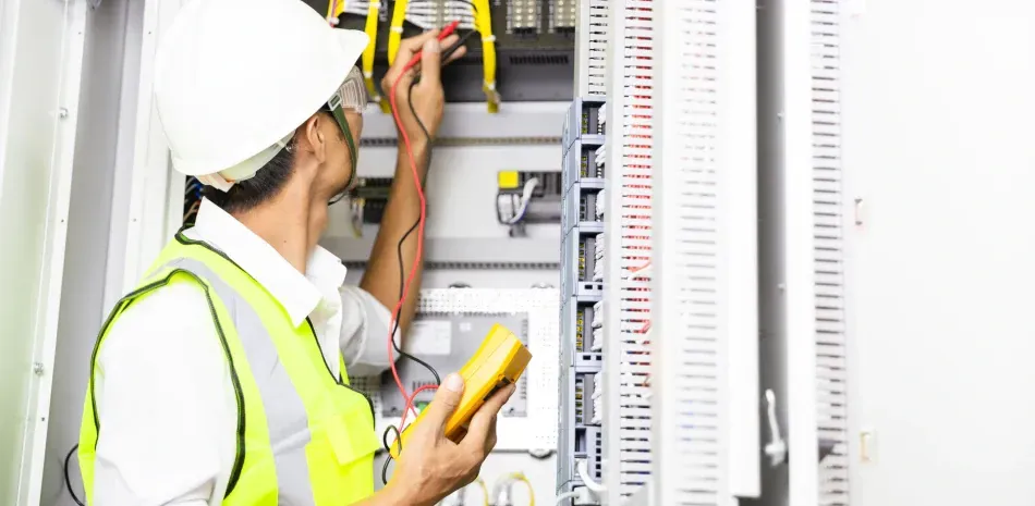 An electrician wearing a safety vest and hard hat tests electrical wiring in a control panel with a multimeter.