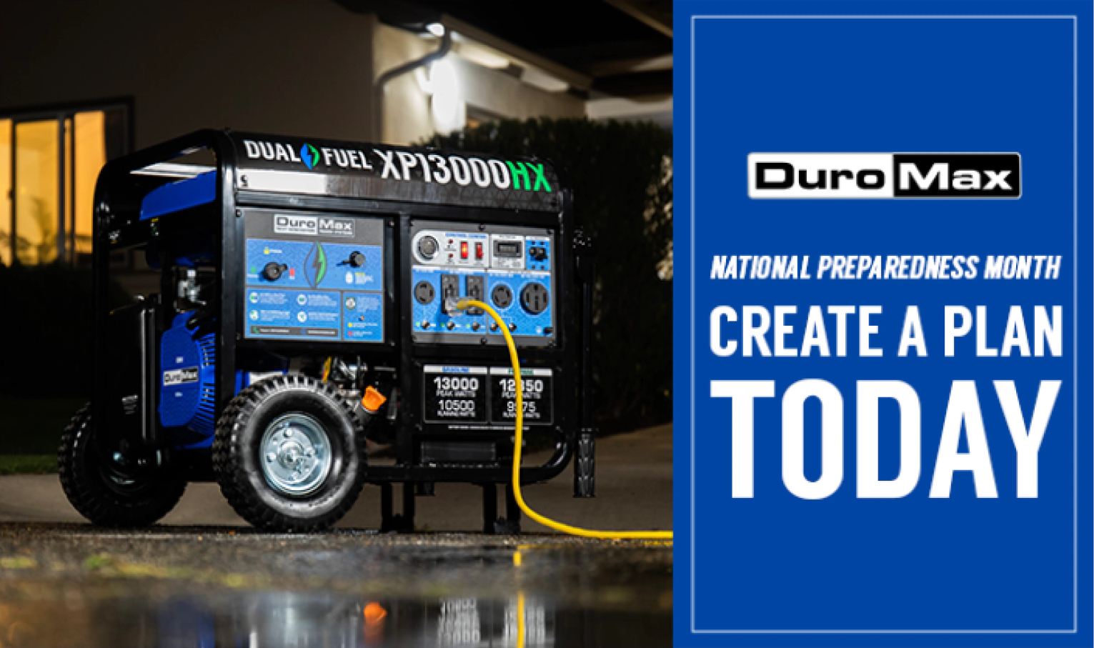 A DuroMax generator in the dark, with