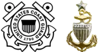 Left: U.S. Coast Guard emblem. Right: Coast Guard officer rank insignia with a star.