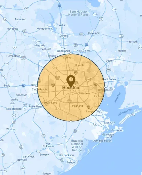 Map of Houston, Texas, with a yellow circular overlay highlighting the city and surrounding area.