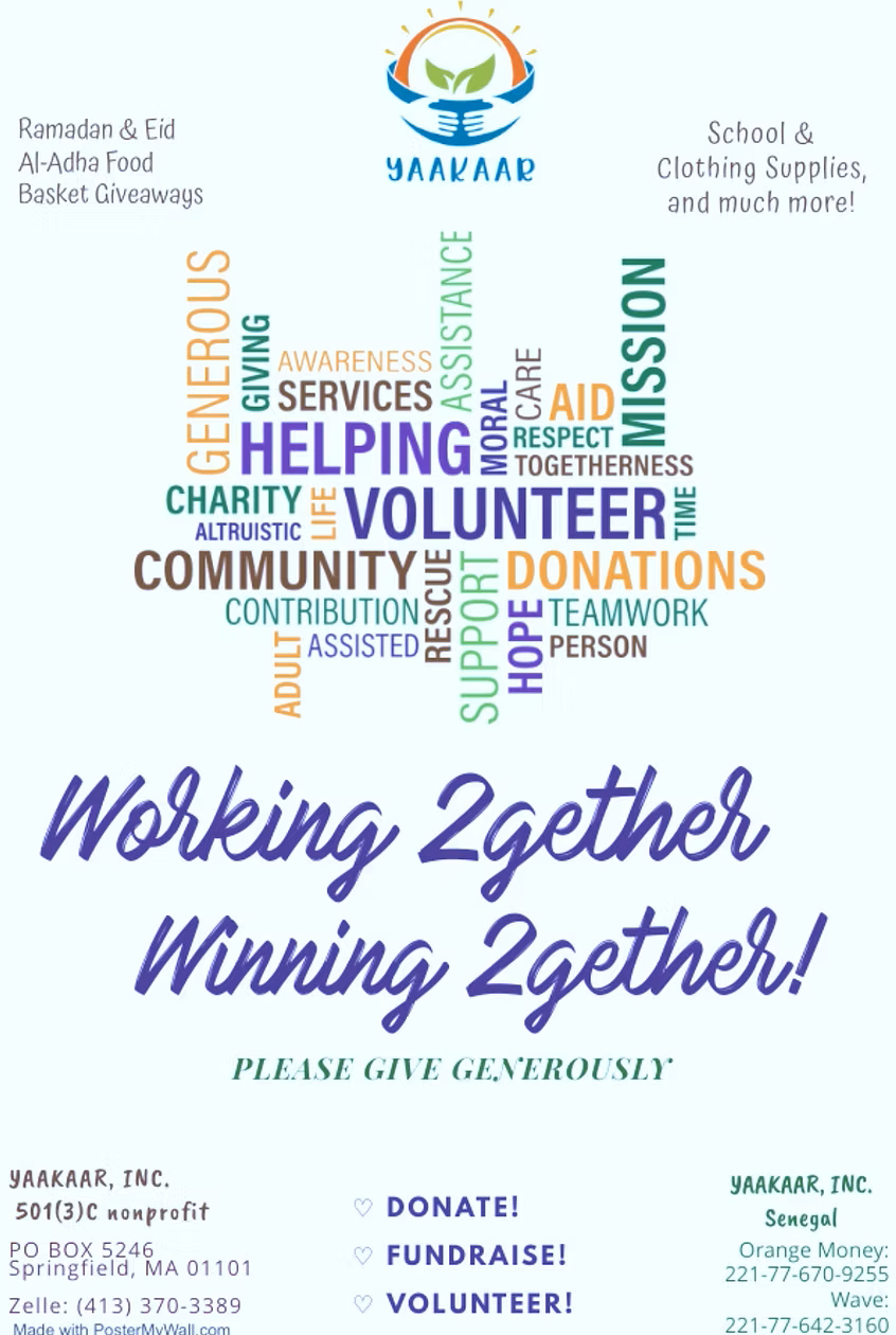 Volunteer recruitment poster with word-cloud figure and slogan “Working Together, Winning Together!”
