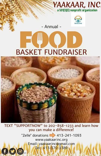 Yaakaar, Inc. annual food basket fundraiser flyer with baskets of grains and donation details