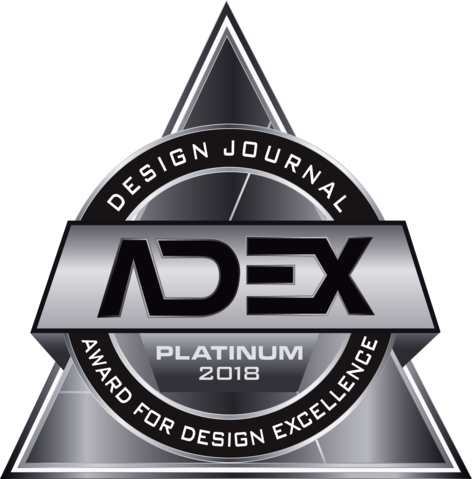 ADEX Platinum 2018 award for design excellence, featuring a metallic logo with the text