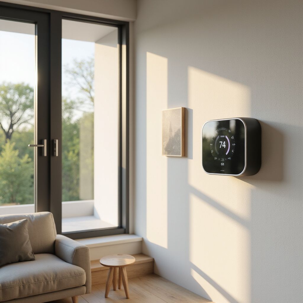 Room interior with thermostat on wall, small table, couch, and window with greenery.