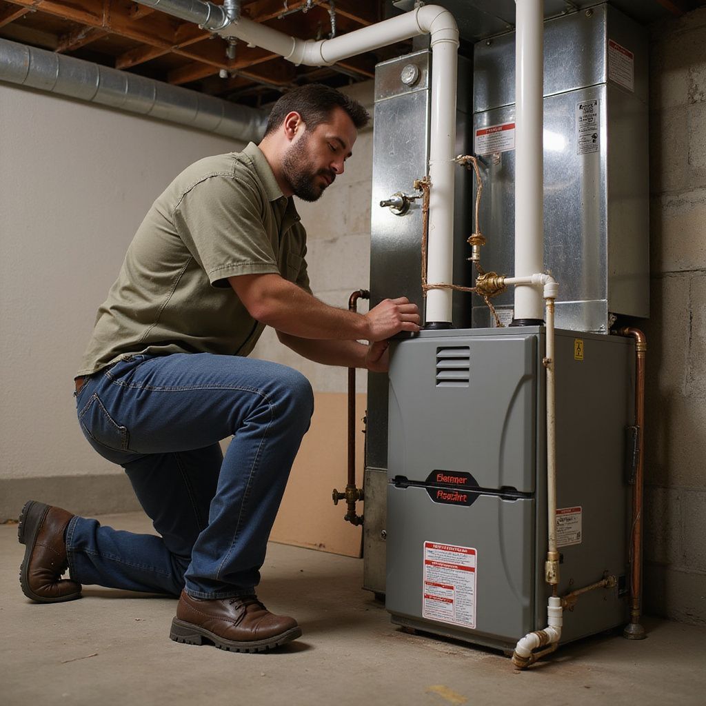 Person kneels, inspecting a furnace in a basement. He wears jeans, a short-sleeve shirt, and work boots.