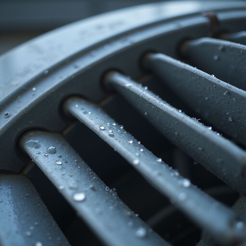 Close-up of a gray air vent with water droplets.