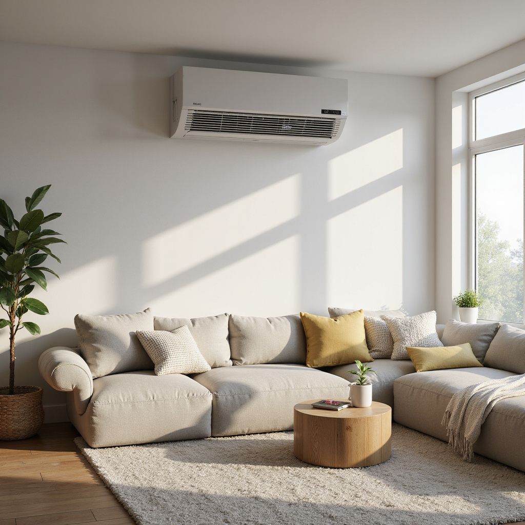 Cozy living room with sectional sofa, coffee table, potted plant, and air conditioner on the wall.