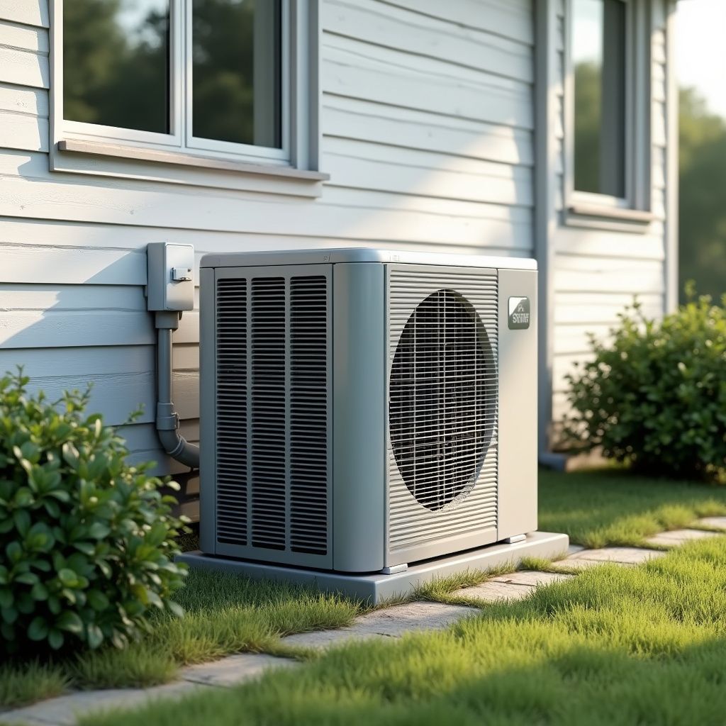 Air conditioning unit outside a white house on a grassy lawn.