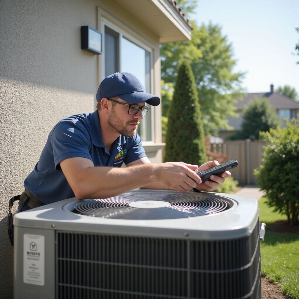 HVAC technician using a device on an air conditioning unit outside a house on a sunny day.